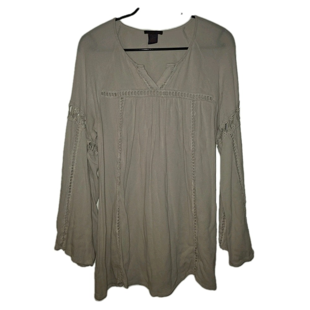 Imaginary Voyage Boho Peasant‎ Top Women's Size L Beige Crochet Trim Long Sleeve